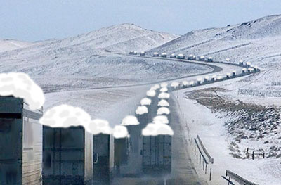 Trucks delivering snow to California