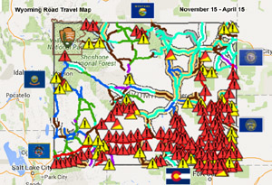 Wyoming road travel map, November 15-April 15